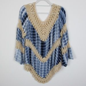 Umgee BoHo Blue Tie-Dye Long Sleeve Crotched Top L